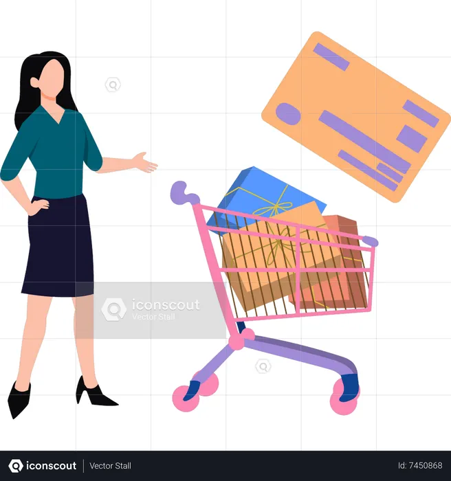Girl is carrying shopping trolley  Illustration
