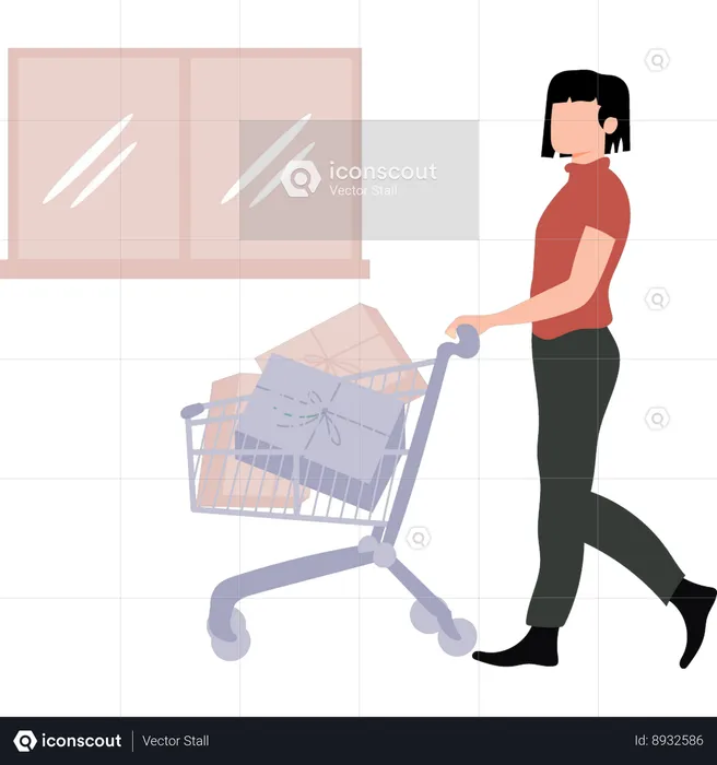 Girl is carrying the shopping trolley  Illustration