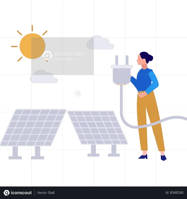 Girl is charging solar panel plate  Illustration