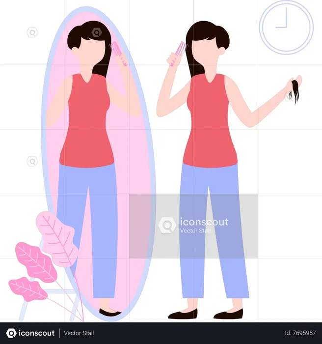 Girl is combing her hair in the mirror  Illustration