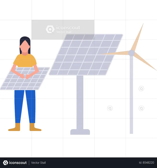 Girl is connecting solar plate to windmill  Illustration