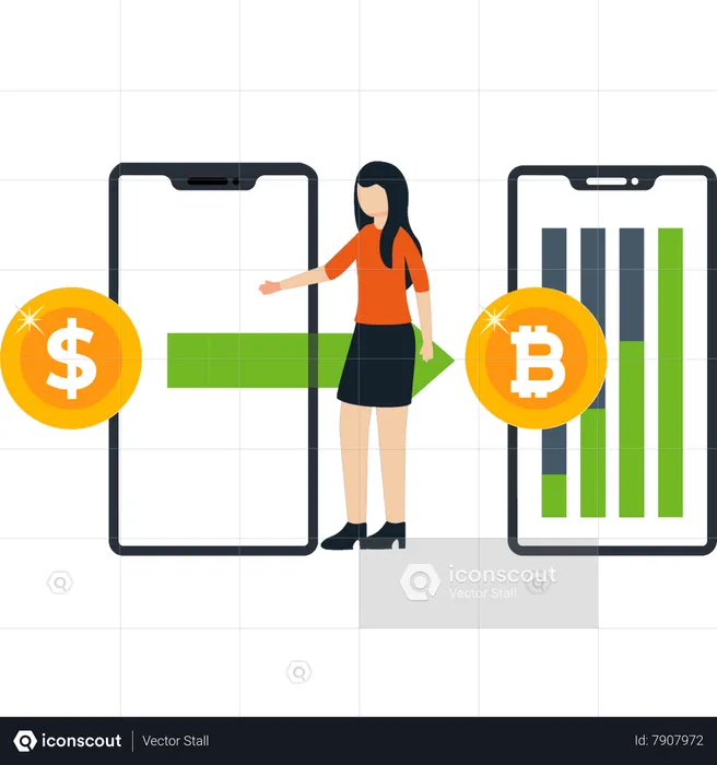 Girl is converting dollars to bitcoins  Illustration