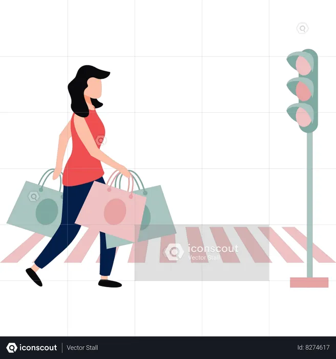 Girl is crossing road with shopping bags in her hand  Illustration