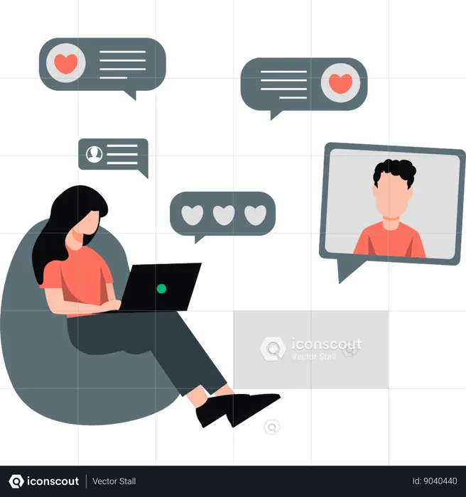 Girl is dating online on laptop  Illustration