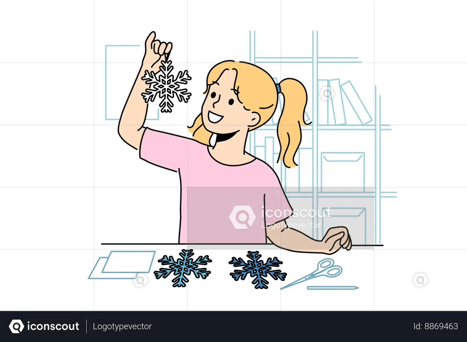 Girl is decorating house with snowflake decoration  Illustration