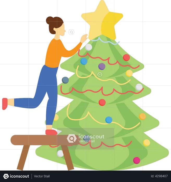 Girl is decorating the Christmas tree  Illustration
