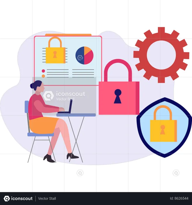 Girl is doing security setting on laptop  Illustration