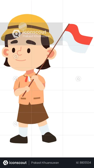 Girl is dressed up in indonesian scout's uniform holding red flag  Illustration