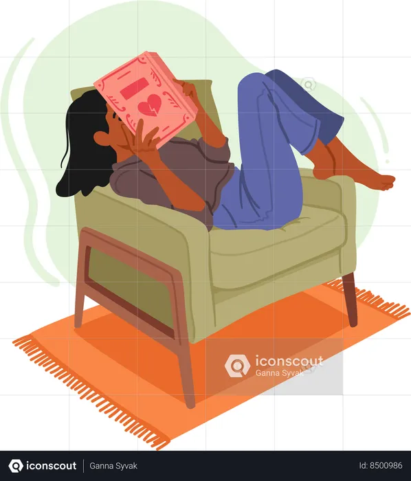 Girl is engrossed in reading love book while relaxing on armchair  Illustration