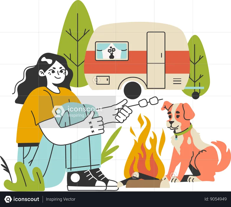 Girl is enjoying camp with her dog  Illustration