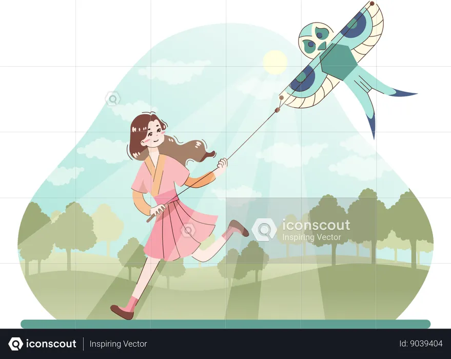 Girl is enjoying flying kites  Illustration