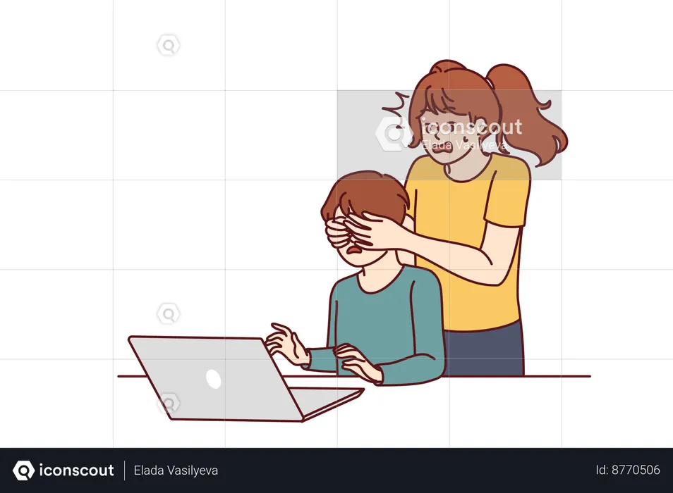Girl is escaping her brother while watching bad videos on internet  Illustration