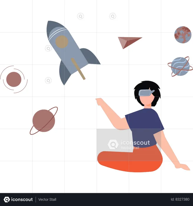 Girl is experiencing virtual astronomical world  Illustration