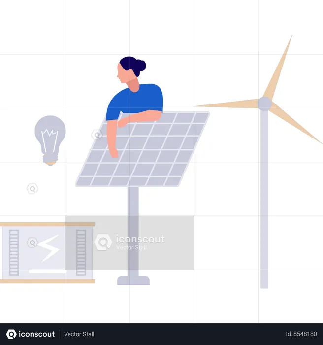 Girl is fixing solar panel problems  Illustration