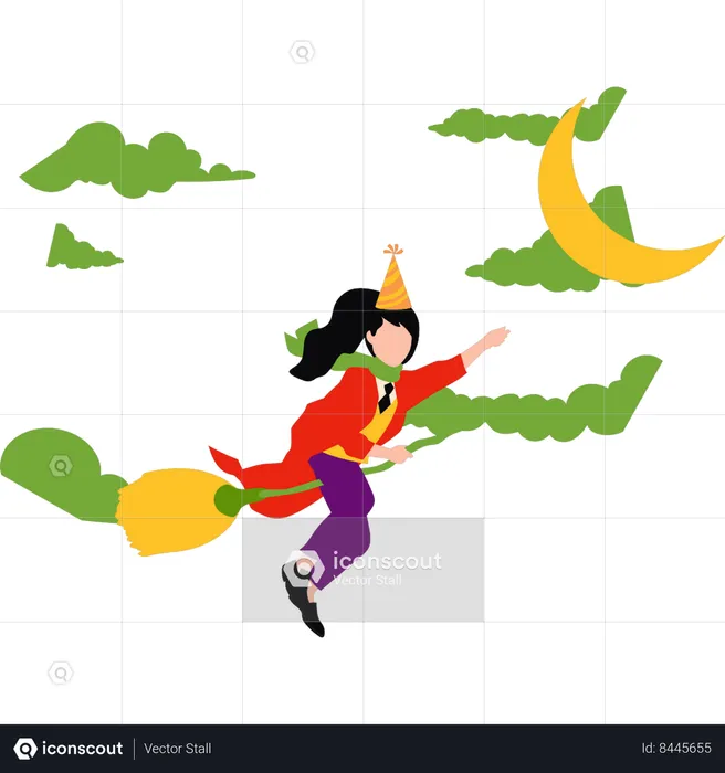 Girl is flying on a witch's broom  Illustration