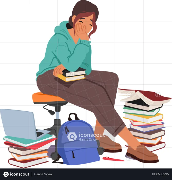 Girl is frustrated while reading pile of books  Illustration