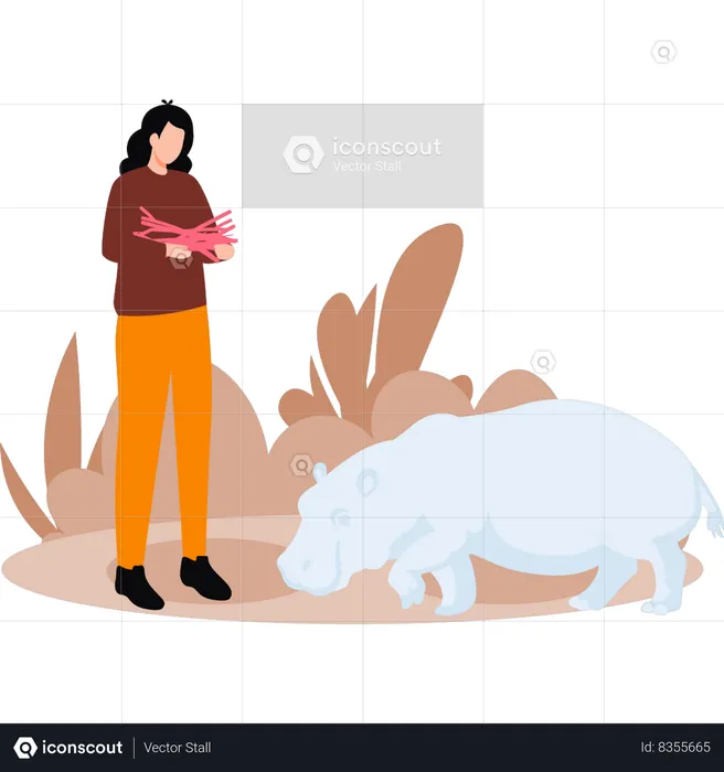 Girl is gathering wood for camp fire and watching hippo  Illustration