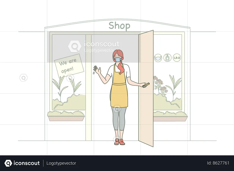 Girl is greeting customers to visit her shop  Illustration