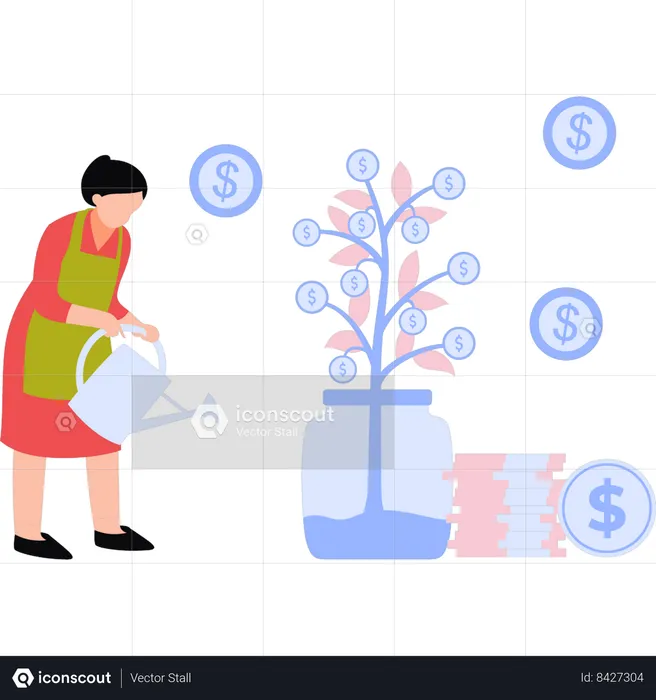 Girl is growing dollar plant  Illustration