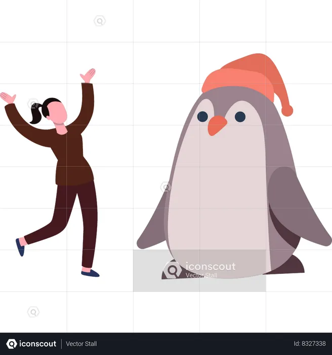 Girl is having fun with penguin  Illustration