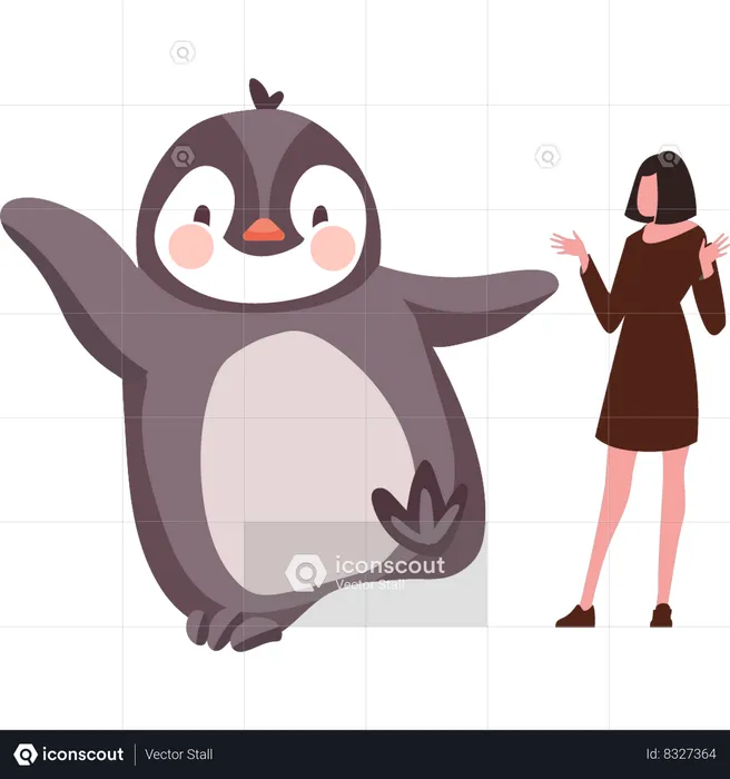 Girl is having fun with penguin  Illustration