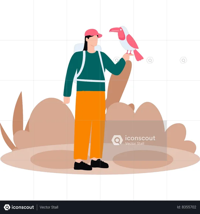 Girl is holding bird in her hand  Illustration