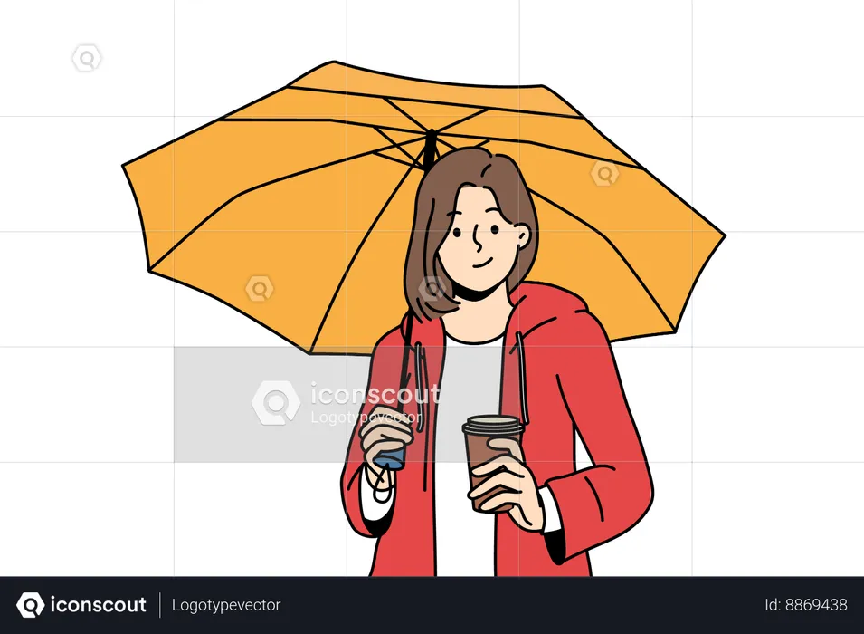 Girl is holding umbrella and cup of coffee  Illustration