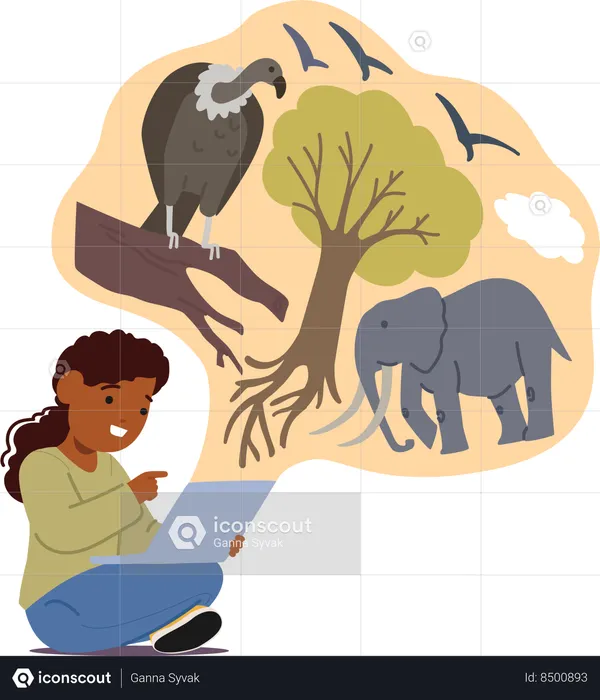 Girl is learning about wildlife on internet  Illustration