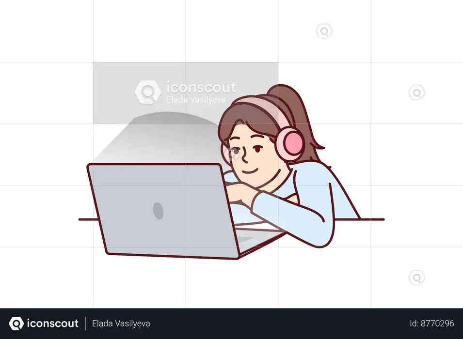 Girl is listening music on laptop  Illustration