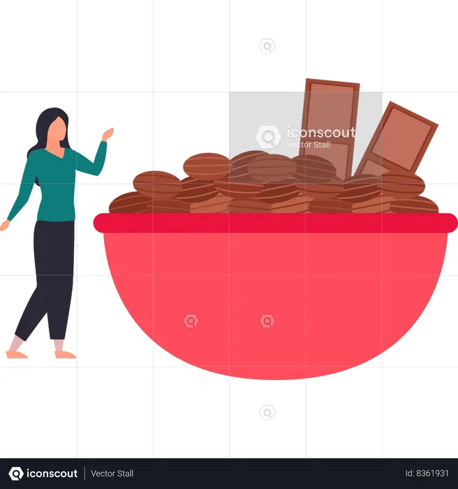 Girl is looking at a bowl of choco beans  Illustration