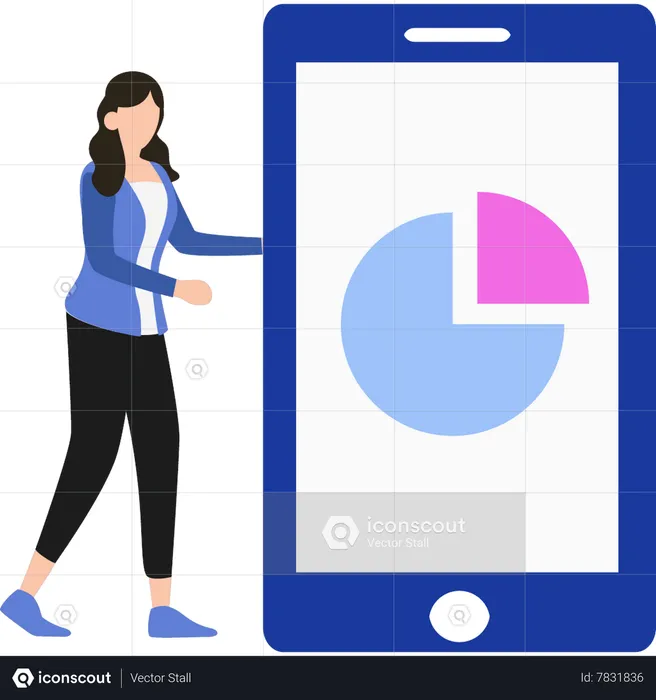 Girl is looking at a pie chart on a mobile  Illustration