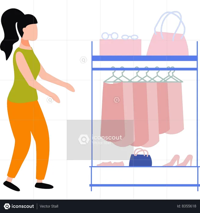 Girl is looking at clothes in rack  Illustration