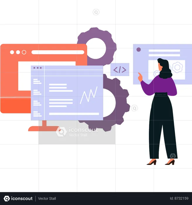 Girl is looking at coding on web page  Illustration