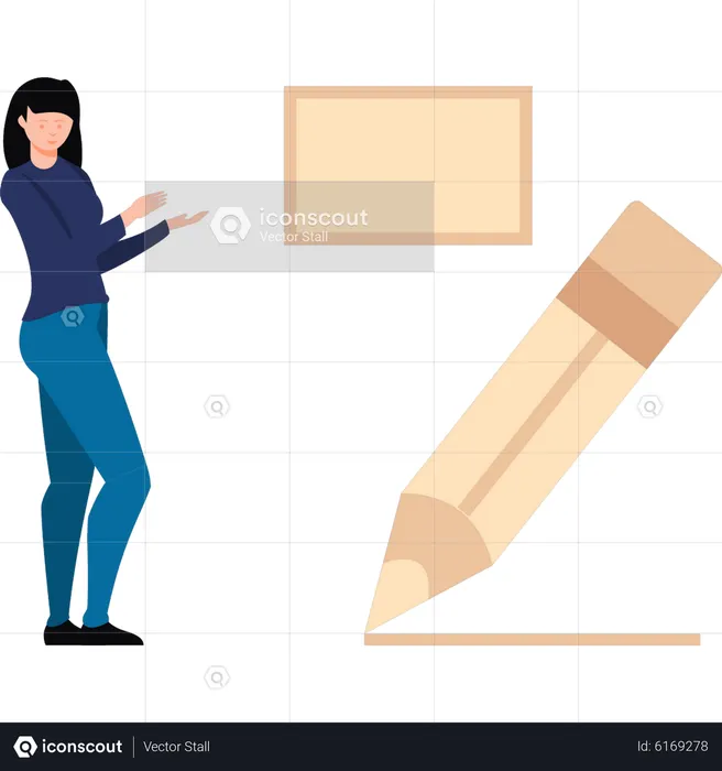 Girl is looking at pencil tool  Illustration