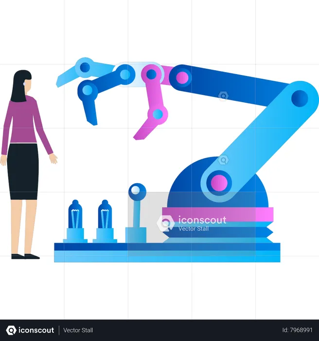 Girl is looking at production machine  Illustration