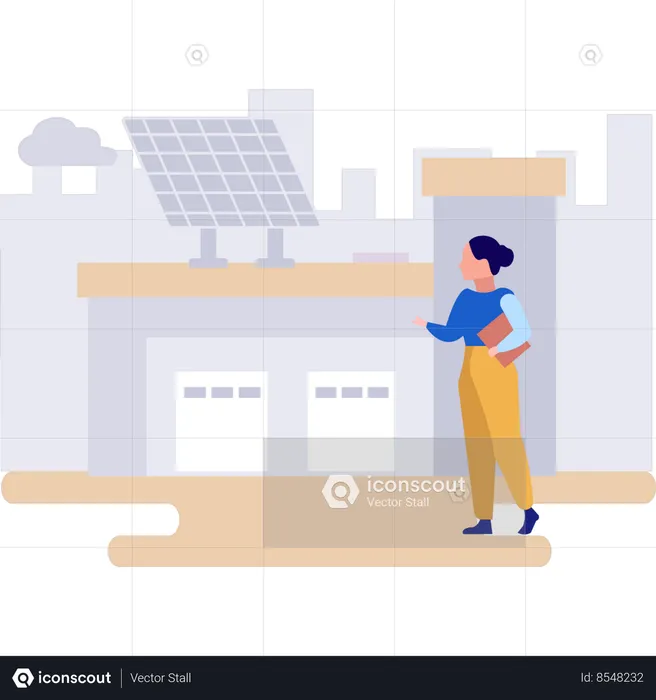 Girl is looking at solar panel plate in industry  Illustration