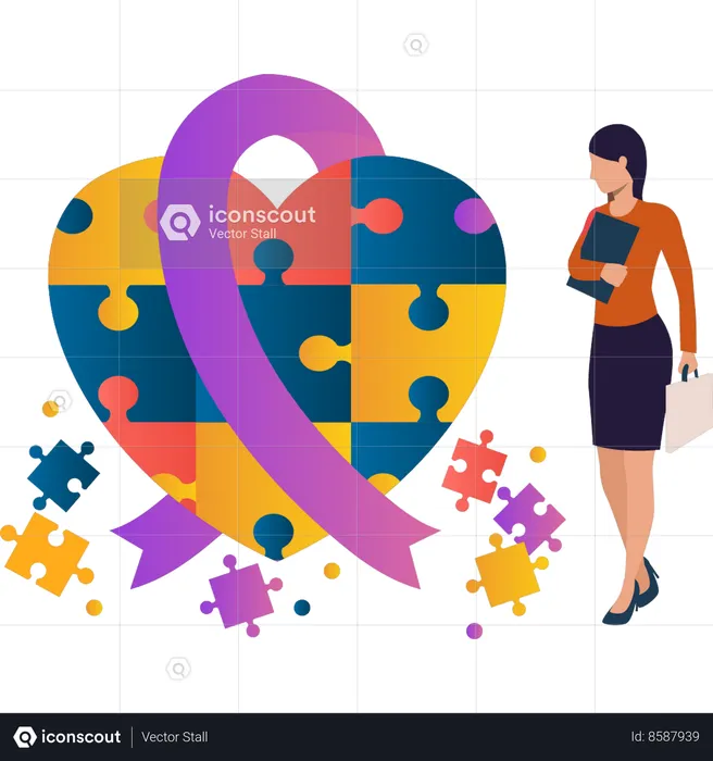 Girl is looking at the autism ribbon puzzle  Illustration