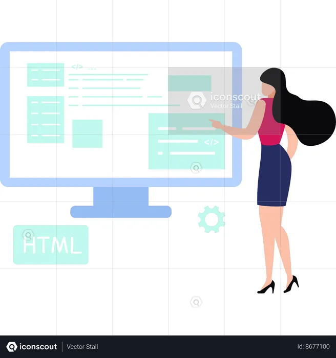 Girl is looking at the coding on the monitor  Illustration