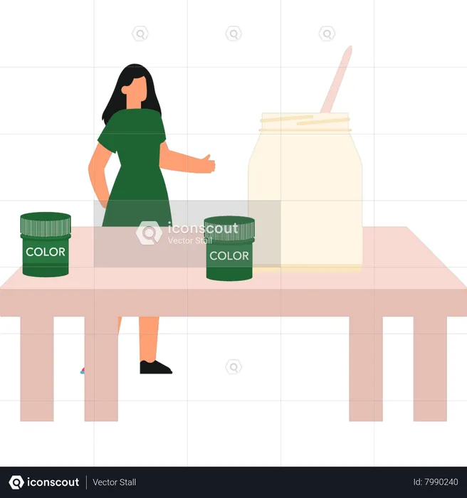 Girl is looking at the color boxes on the table  Illustration