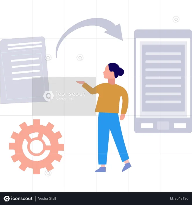 Girl is looking at the document being converted in the mobile  Illustration