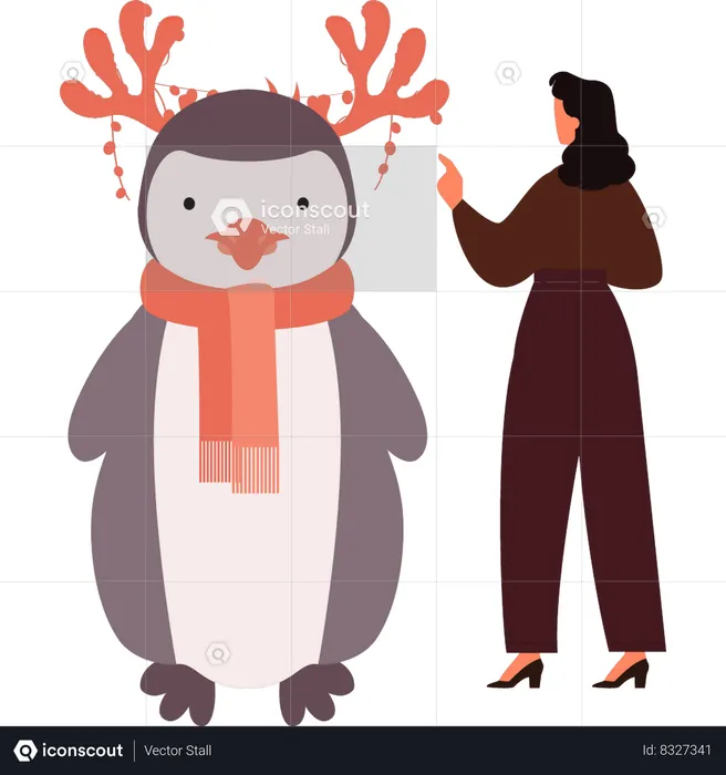 Girl is looking at the funny penguin  Illustration