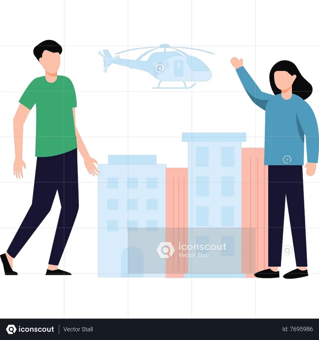 Girl is looking at the helicopter  Illustration