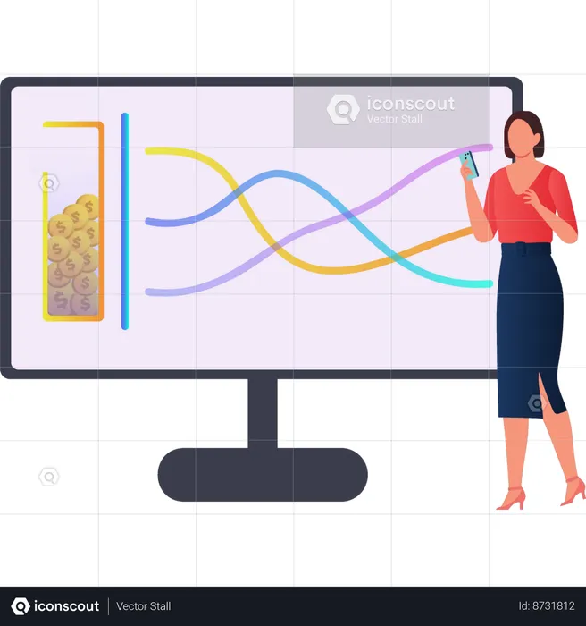 Girl is looking at the line graph on the monitor screen  Illustration