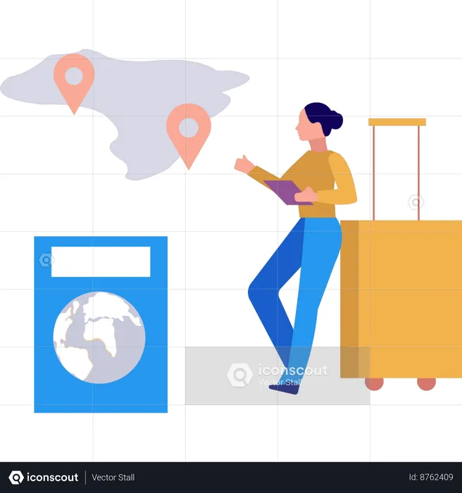 Girl is looking at the location pins around the globe  Illustration