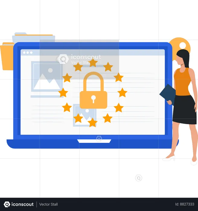 Girl is looking at the lock on the laptop  Illustration