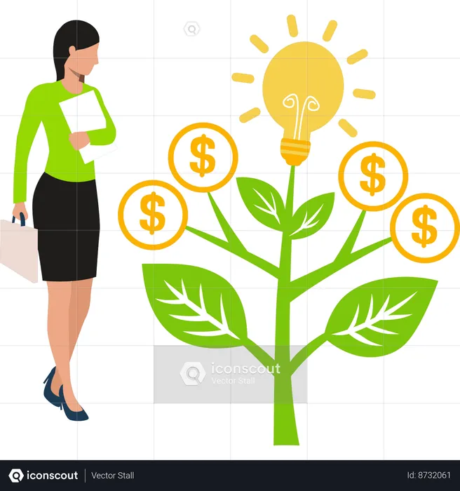 Girl is looking at the money plant  Illustration