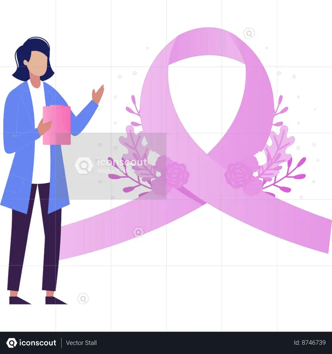 Girl is looking at the pink ribbon  Illustration