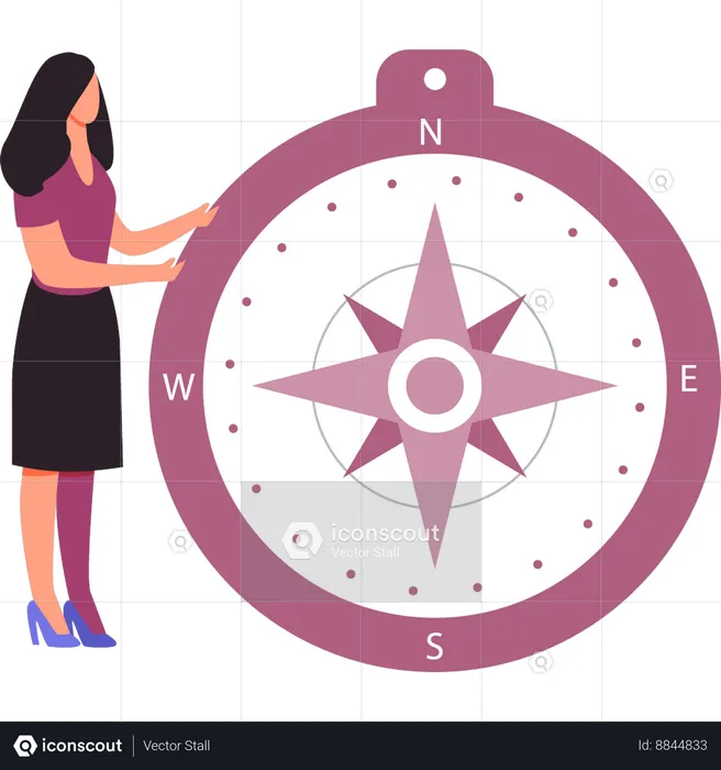 Girl is looking at the points on compass  Illustration