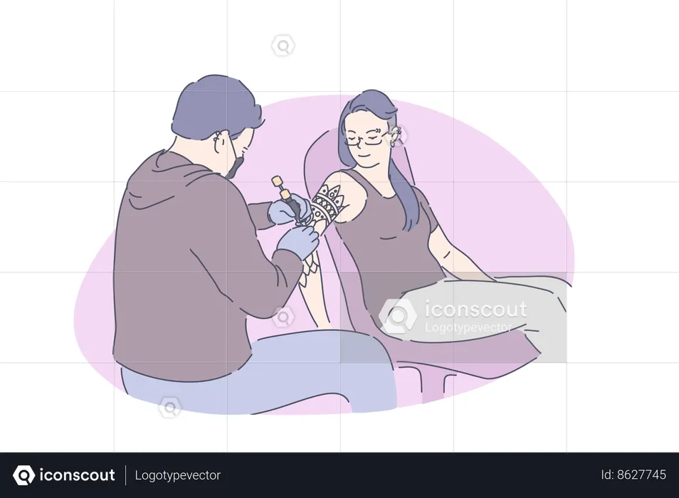 Girl is making tattoo on her arms  Illustration