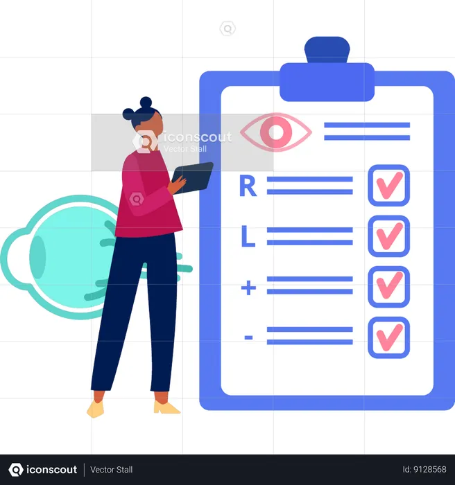 Girl is marking checklist on clipboard for patient's vision  Illustration
